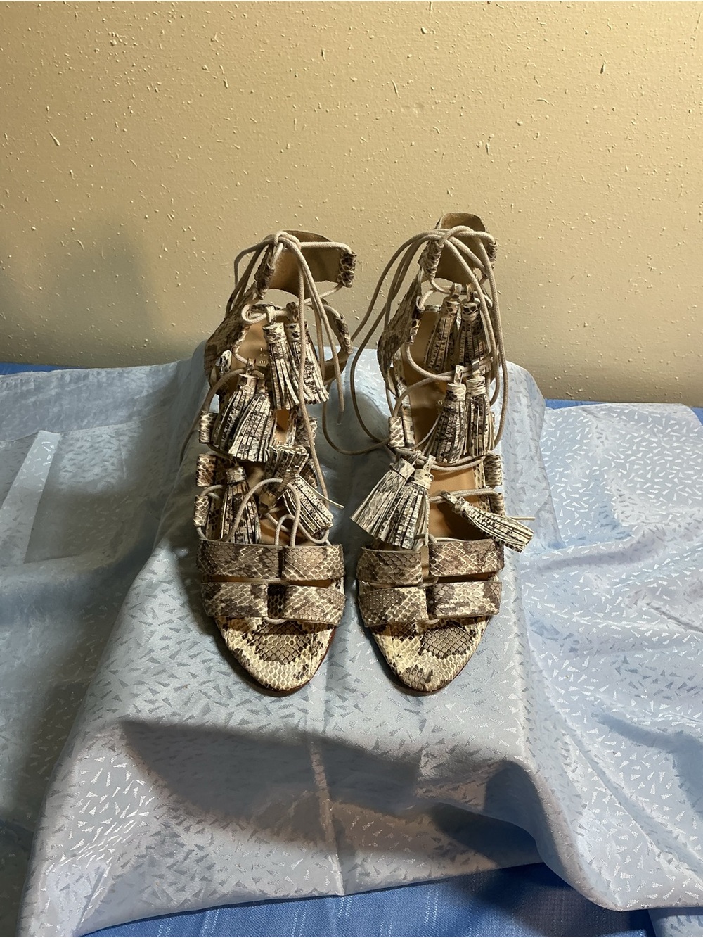 Loeffler Randall Snakeskin Tassel Lace-Up Block Heel Sandals - Neutral
